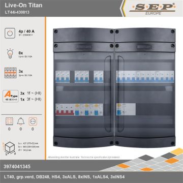 SEP Europe - Live-On Titan, LT44i-430813, 40A, 3-fase groepenkast, 8-lichtgroepen, 3-krachtgroepen, technische gegevens
