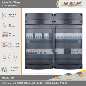 SEP Europe - Live-On Titan, LT44i-430813-BC2, 40A, 3-fase groepenkast, 8-lichtgroepen, 3-krachtgroepen, 1-beltrafo,  2V-contactdoos, technische gegevens