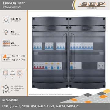 SEP Europe - Live-On Titan, LT44i-430912-C1, 40A, 3-fase groepenkast, 9-lichtgroepen, 2-krachtgroepen,  1V-contactdoos, technische gegevens