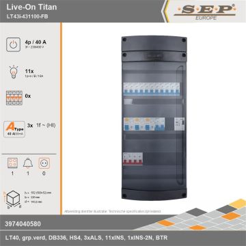 SEP Europe - Live-On Titan, LT43i-431100-FB, 40A, 3-fase groepenkast, 11-lichtgroepen, 1-fornuisgroep, 1-beltrafo, technische gegevens