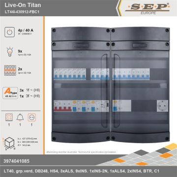SEP Europe - Live-On Titan, LT44i-430912-FBC1, 40A, 3-fase groepenkast, 9-lichtgroepen, 2-krachtgroepen, 1-fornuisgroep, 1-beltrafo,  1V-contactdoos, technische gegevens