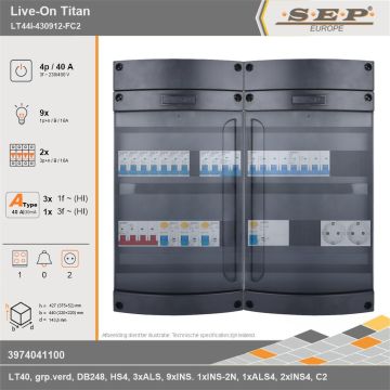 SEP Europe - Live-On Titan, LT44i-430912-FC2, 40A, 3-fase groepenkast, 9-lichtgroepen, 2-krachtgroepen, 1-fornuisgroep,  2V-contactdoos, technische gegevens
