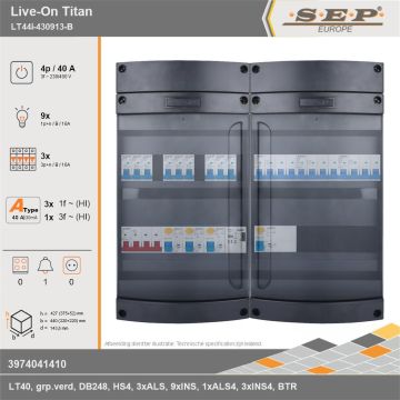 SEP Europe - Live-On Titan, LT44i-430913-B, 40A, 3-fase groepenkast, 9-lichtgroepen, 3-krachtgroepen, 1-beltrafo, technische gegevens