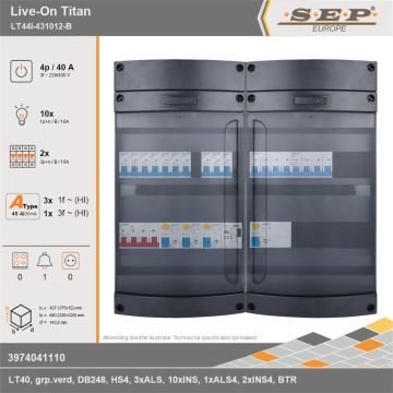 SEP Europe - Live-On Titan, LT44i-431012-B, 40A, 3-fase groepenkast, 10-lichtgroepen, 2-krachtgroepen, 1-beltrafo, technische gegevens