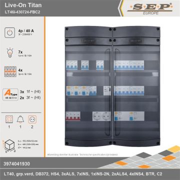 SEP Europe - Live-On Titan, LT46i-430724-FBC2, 40A, 3-fase groepenkast, 7-lichtgroepen, 4-krachtgroepen, 1-fornuisgroep, 1-beltrafo,  2V-contactdoos, technische gegevens