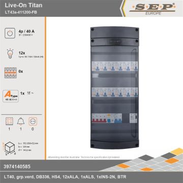 SEP Europe - Live-On Titan, LT43a-411200-FB, 40A, 3-fase groepenkast, 12-lichtgroepen, 1-fornuisgroep, 1-beltrafo, technische gegevens