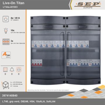 SEP Europe - Live-On Titan, LT44a-401003, 40A, 3-fase groepenkast, 10-lichtgroepen, 3-krachtgroepen, technische gegevens
