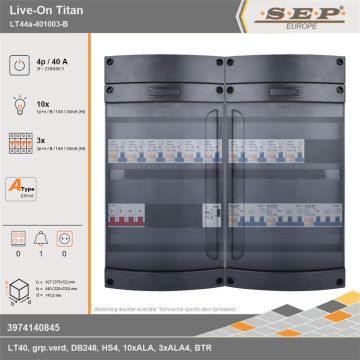 SEP Europe - Live-On Titan, LT44a-401003-B, 40A, 3-fase groepenkast, 10-lichtgroepen, 3-krachtgroepen, 1-beltrafo, technische gegevens