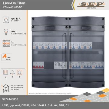 SEP Europe - Live-On Titan, LT44a-401003-BC1, 40A, 3-fase groepenkast, 10-lichtgroepen, 3-krachtgroepen, 1-beltrafo,  1V-contactdoos, technische gegevens