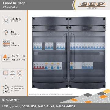 SEP Europe - Live-On Titan, LT44i-430914, 40A, 3-fase groepenkast, 9-lichtgroepen, 4-krachtgroepen, technische gegevens