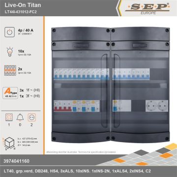 SEP Europe - Live-On Titan, LT44i-431012-FC2, 40A, 3-fase groepenkast, 10-lichtgroepen, 2-krachtgroepen, 1-fornuisgroep,  2V-contactdoos, technische gegevens