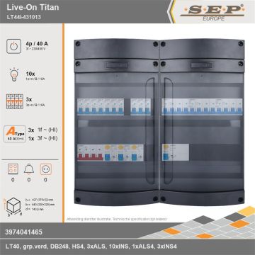 SEP Europe - Live-On Titan, LT44i-431013, 40A, 3-fase groepenkast, 10-lichtgroepen, 3-krachtgroepen, technische gegevens