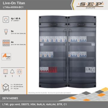 SEP Europe - Live-On Titan, LT46a-400904-BC1, 40A, 3-fase groepenkast, 9-lichtgroepen, 4-krachtgroepen, 1-beltrafo,  1V-contactdoos, technische gegevens