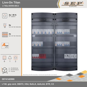 SEP Europe - Live-On Titan, LT46a-400904-BC2, 40A, 3-fase groepenkast, 9-lichtgroepen, 4-krachtgroepen, 1-beltrafo,  2V-contactdoos, technische gegevens