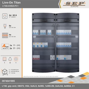 SEP Europe - Live-On Titan, LT46i-430824-FC1, 40A, 3-fase groepenkast, 8-lichtgroepen, 4-krachtgroepen, 1-fornuisgroep,  1V-contactdoos, technische gegevens