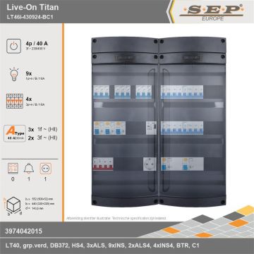 SEP Europe - Live-On Titan, LT46i-430924-BC1, 40A, 3-fase groepenkast, 9-lichtgroepen, 4-krachtgroepen, 1-beltrafo,  1V-contactdoos, technische gegevens