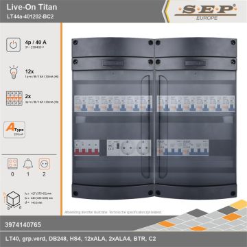 SEP Europe - Live-On Titan, LT44a-401202-BC2, 40A, 3-fase groepenkast, 12-lichtgroepen, 2-krachtgroepen, 1-beltrafo,  2V-contactdoos, technische gegevens
