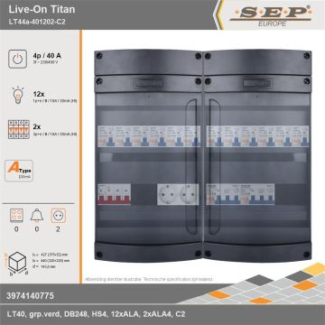 SEP Europe - Live-On Titan, LT44a-401202-C2, 40A, 3-fase groepenkast, 12-lichtgroepen, 2-krachtgroepen,  2V-contactdoos, technische gegevens