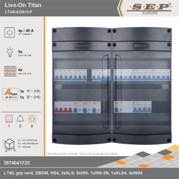 SEP Europe - Live-On Titan, LT44i-430914-F, 40A, 3-fase groepenkast, 9-lichtgroepen, 4-krachtgroepen, 1-fornuisgroep, technische gegevens