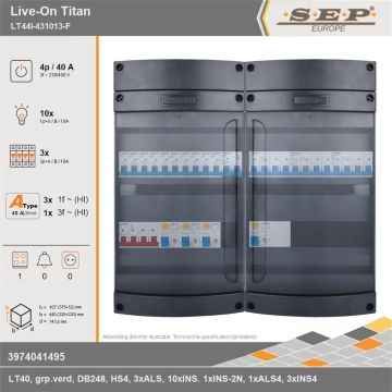 SEP Europe - Live-On Titan, LT44i-431013-F, 40A, 3-fase groepenkast, 10-lichtgroepen, 3-krachtgroepen, 1-fornuisgroep, technische gegevens