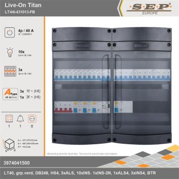 SEP Europe - Live-On Titan, LT44i-431013-FB, 40A, 3-fase groepenkast, 10-lichtgroepen, 3-krachtgroepen, 1-fornuisgroep, 1-beltrafo, technische gegevens