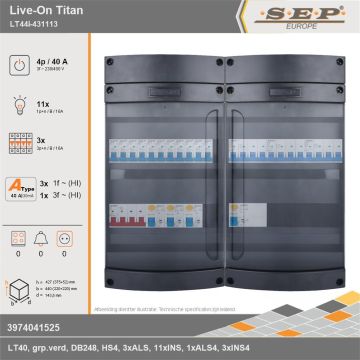 SEP Europe - Live-On Titan, LT44i-431113, 40A, 3-fase groepenkast, 11-lichtgroepen, 3-krachtgroepen, technische gegevens