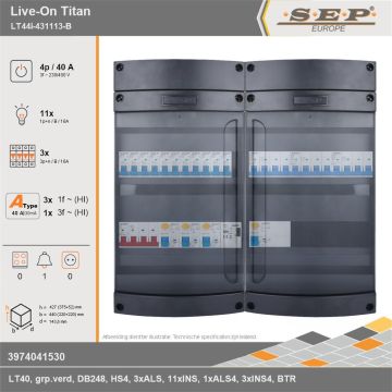 SEP Europe - Live-On Titan, LT44i-431113-B, 40A, 3-fase groepenkast, 11-lichtgroepen, 3-krachtgroepen, 1-beltrafo, technische gegevens