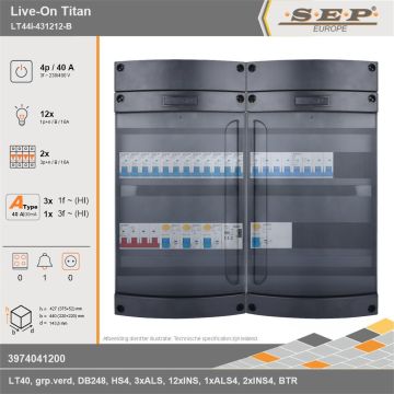 SEP Europe - Live-On Titan, LT44i-431212-B, 40A, 3-fase groepenkast, 12-lichtgroepen, 2-krachtgroepen, 1-beltrafo, technische gegevens