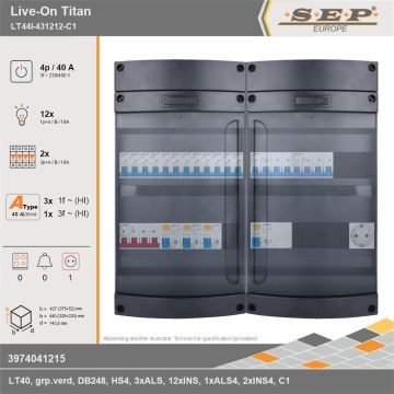 SEP Europe - Live-On Titan, LT44i-431212-C1, 40A, 3-fase groepenkast, 12-lichtgroepen, 2-krachtgroepen,  1V-contactdoos, technische gegevens