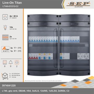 SEP Europe - Live-On Titan, LT44i-431212-C2, 40A, 3-fase groepenkast, 12-lichtgroepen, 2-krachtgroepen,  2V-contactdoos, technische gegevens