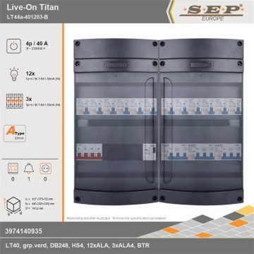 SEP Europe - Live-On Titan, LT44a-401203-B, 40A, 3-fase groepenkast, 12-lichtgroepen, 3-krachtgroepen, 1-beltrafo, technische gegevens