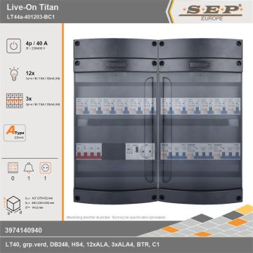 SEP Europe - Live-On Titan, LT44a-401203-BC1, 40A, 3-fase groepenkast, 12-lichtgroepen, 3-krachtgroepen, 1-beltrafo,  1V-contactdoos, technische gegevens