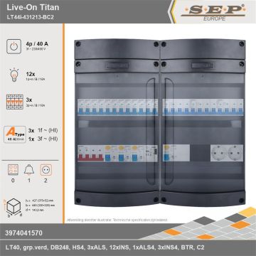 SEP Europe - Live-On Titan, LT44i-431213-BC2, 40A, 3-fase groepenkast, 12-lichtgroepen, 3-krachtgroepen, 1-beltrafo,  2V-contactdoos, technische gegevens