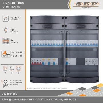 SEP Europe - Live-On Titan, LT44i-431213-C2, 40A, 3-fase groepenkast, 12-lichtgroepen, 3-krachtgroepen,  2V-contactdoos, technische gegevens