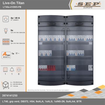 SEP Europe - Live-On Titan, LT46a-410905-FB, 40A, 3-fase groepenkast, 9-lichtgroepen, 5-krachtgroepen, 1-fornuisgroep, 1-beltrafo, technische gegevens