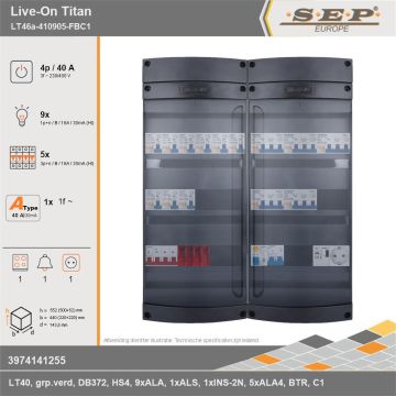 SEP Europe - Live-On Titan, LT46a-410905-FBC1, 40A, 3-fase groepenkast, 9-lichtgroepen, 5-krachtgroepen, 1-fornuisgroep, 1-beltrafo,  1V-contactdoos, technische gegevens