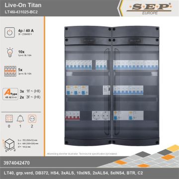 SEP Europe - Live-On Titan, LT46i-431025-BC2, 40A, 3-fase groepenkast, 10-lichtgroepen, 5-krachtgroepen, 1-beltrafo,  2V-contactdoos, technische gegevens