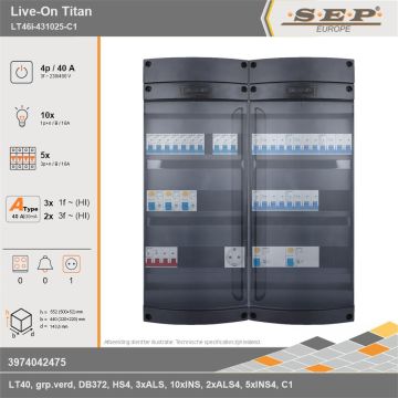 SEP Europe - Live-On Titan, LT46i-431025-C1, 40A, 3-fase groepenkast, 10-lichtgroepen, 5-krachtgroepen,  1V-contactdoos, technische gegevens