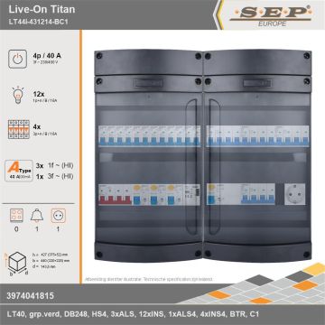 SEP Europe - Live-On Titan, LT44i-431214-BC1, 40A, 3-fase groepenkast, 12-lichtgroepen, 4-krachtgroepen, 1-beltrafo,  1V-contactdoos, technische gegevens
