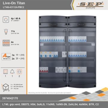 SEP Europe - Live-On Titan, LT46i-431124-FBC2, 40A, 3-fase groepenkast, 11-lichtgroepen, 4-krachtgroepen, 1-fornuisgroep, 1-beltrafo,  2V-contactdoos, technische gegevens
