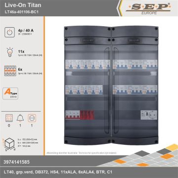 SEP Europe - Live-On Titan, LT46a-401106-BC1, 40A, 3-fase groepenkast, 11-lichtgroepen, 6-krachtgroepen, 1-beltrafo,  1V-contactdoos, technische gegevens