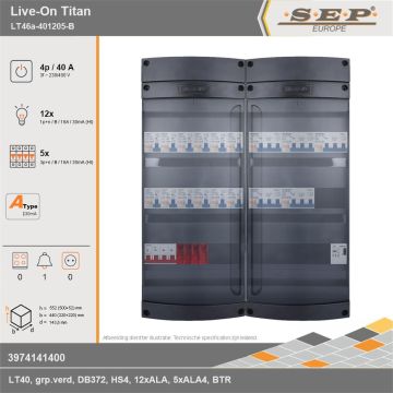 SEP Europe - Live-On Titan, LT46a-401205-B, 40A, 3-fase groepenkast, 12-lichtgroepen, 5-krachtgroepen, 1-beltrafo, technische gegevens