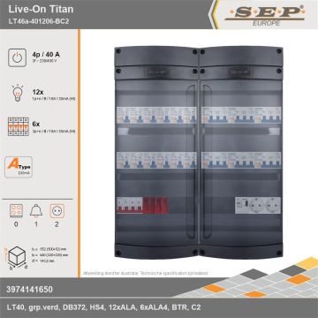 SEP Europe - Live-On Titan, LT46a-401206-BC2, 40A, 3-fase groepenkast, 12-lichtgroepen, 6-krachtgroepen, 1-beltrafo,  2V-contactdoos, technische gegevens