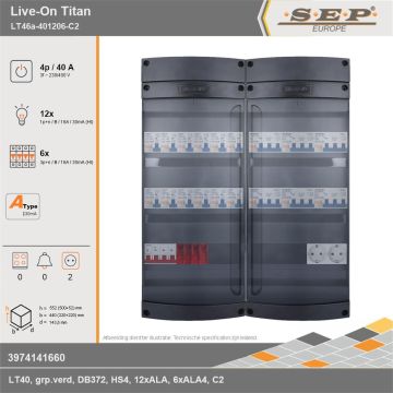 SEP Europe - Live-On Titan, LT46a-401206-C2, 40A, 3-fase groepenkast, 12-lichtgroepen, 6-krachtgroepen,  2V-contactdoos, technische gegevens