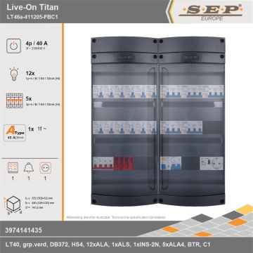 SEP Europe - Live-On Titan, LT46a-411205-FBC1, 40A, 3-fase groepenkast, 12-lichtgroepen, 5-krachtgroepen, 1-fornuisgroep, 1-beltrafo,  1V-contactdoos, technische gegevens