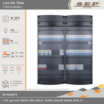SEP Europe - Live-On Titan, LT46i-431226-BC1, 40A, 3-fase groepenkast, 12-lichtgroepen, 6-krachtgroepen, 1-beltrafo,  1V-contactdoos, technische gegevens