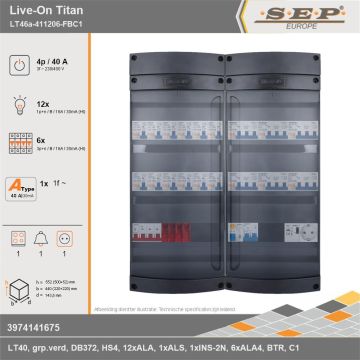 SEP Europe - Live-On Titan, LT46a-411206-FBC1, 40A, 3-fase groepenkast, 12-lichtgroepen, 6-krachtgroepen, 1-fornuisgroep, 1-beltrafo,  1V-contactdoos, technische gegevens