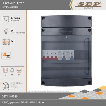 SEP Europe - Live-On Titan, LT41a-400200, 40A, 3-fase groepenkast, 2-lichtgroepen, technische gegevens