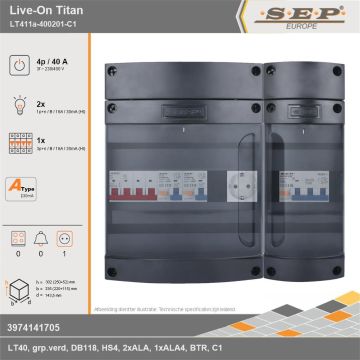 SEP Europe - Live-On Titan, LT411a-400201-C1, 40A, 3-fase groepenkast, 2-lichtgroepen, 1-krachtgroepen,  1V-contactdoos, technische gegevens