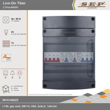 SEP Europe - Live-On Titan, LT41a-400201, 40A, 3-fase groepenkast, 2-lichtgroepen, 1-krachtgroepen, technische gegevens